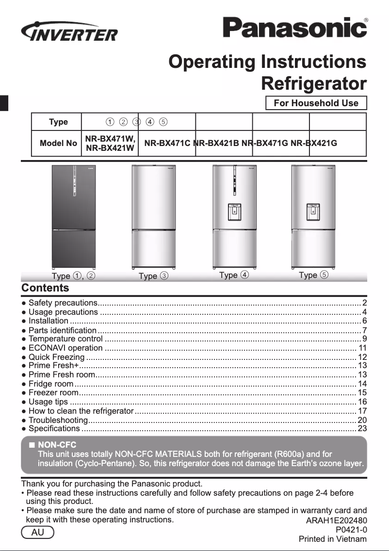 Page 1 of the manual User Manual Panasonic NR-BX421B