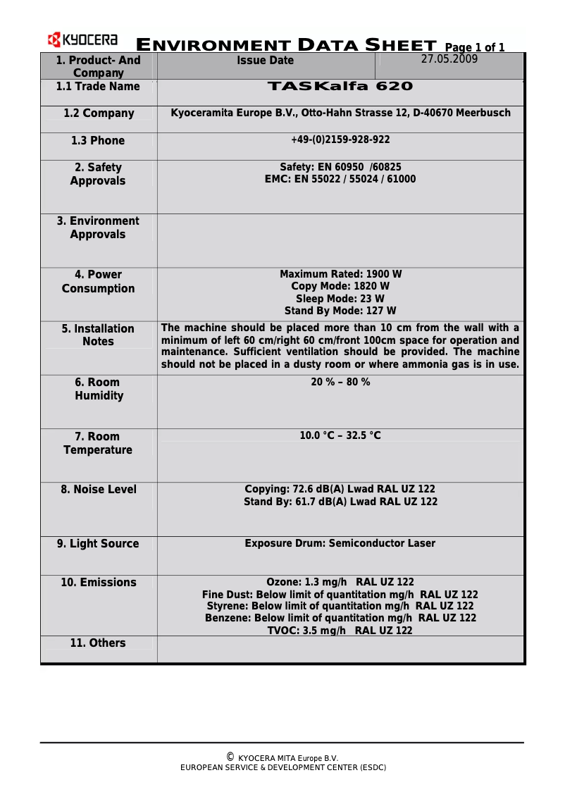 Page 1 of the manual Technical Sheet Kyocera TASKalfa 620