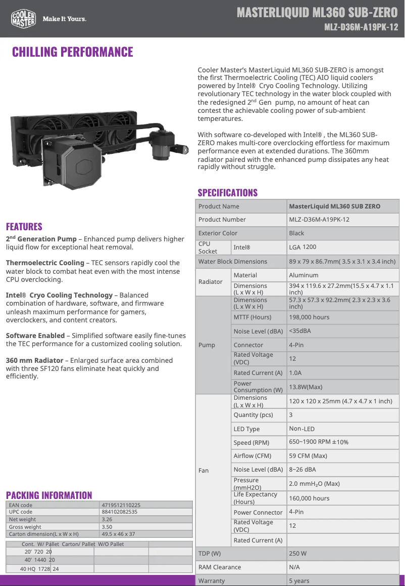 First page image of the manual for MasterLiquid ML360 Sub-Zero