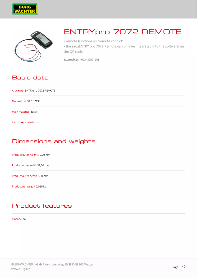 First page image of the manual for ENTRYpro 7072 REMOTE