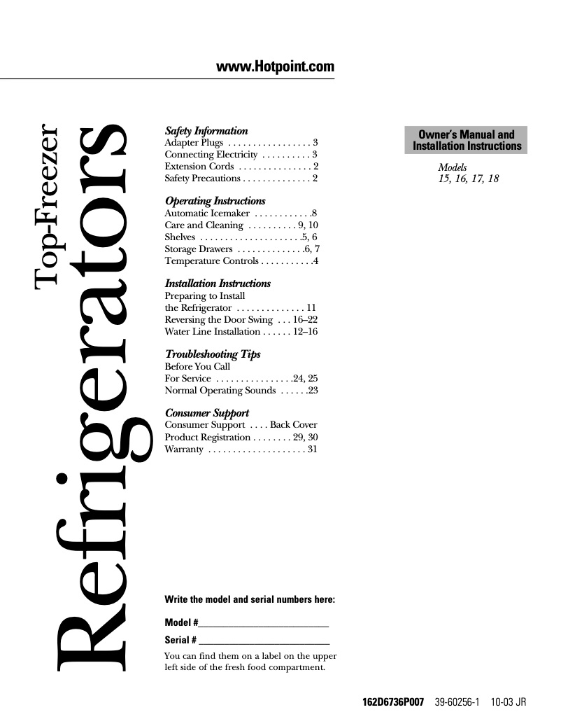 Page 1 of the manual Installation Guide Hotpoint HTR15BBRRWW