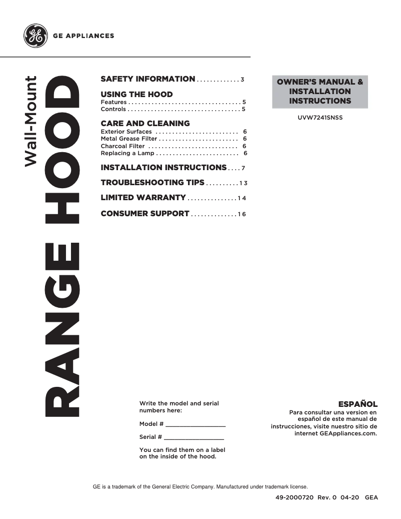 First page image of the manual for UVW7241SNSS