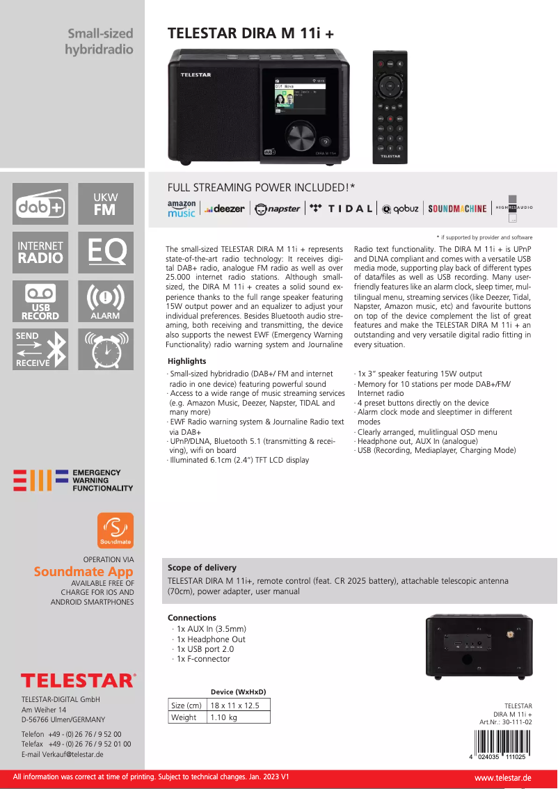 Page 1 of the manual Technical Sheet Telestar DIRA M 11i +