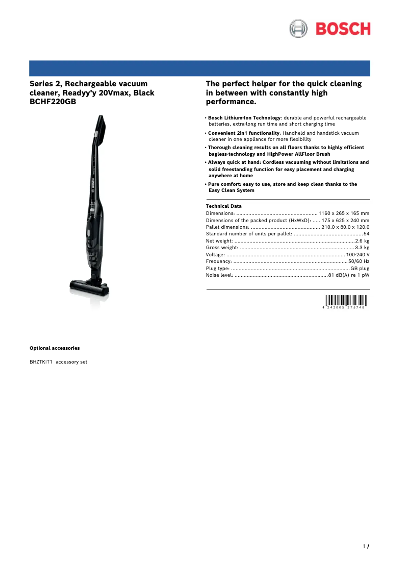 Page 1 of the manual Technical Sheet Bosch Readyy'y BCHF220