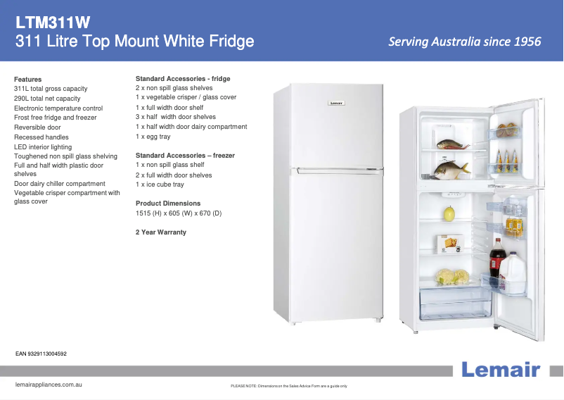 Page 1 of the manual Technical Sheet Lemair LTM311W
