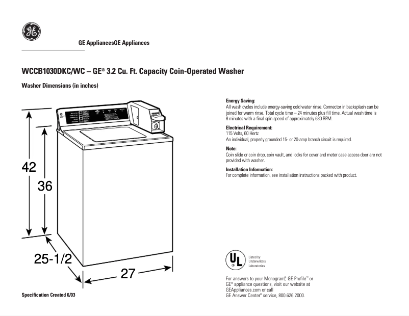 Page 1 of the manual Technical Sheet GE WCCB1030DKC