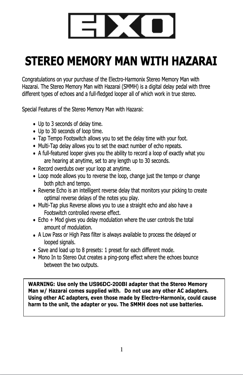 Page 1 of the manual User Manual Electro Harmonix Stereo Memory Man with Hazarai