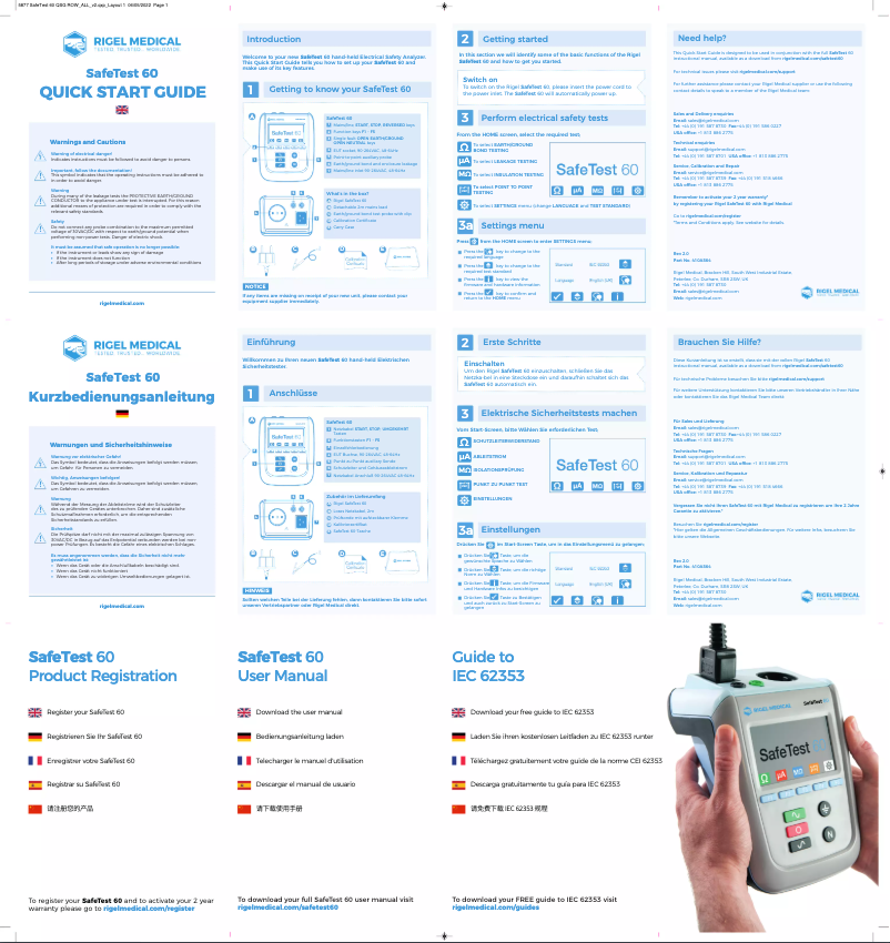 Page 1 of the manual Quick Start Guide Rigel Medical SafeTest 60