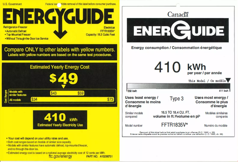 Page 1 of the manual Energy Label Frigidaire FFTR1835VW