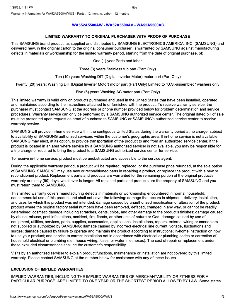 Page 1 of the manual Warranty Information Samsung WA52A5500AW