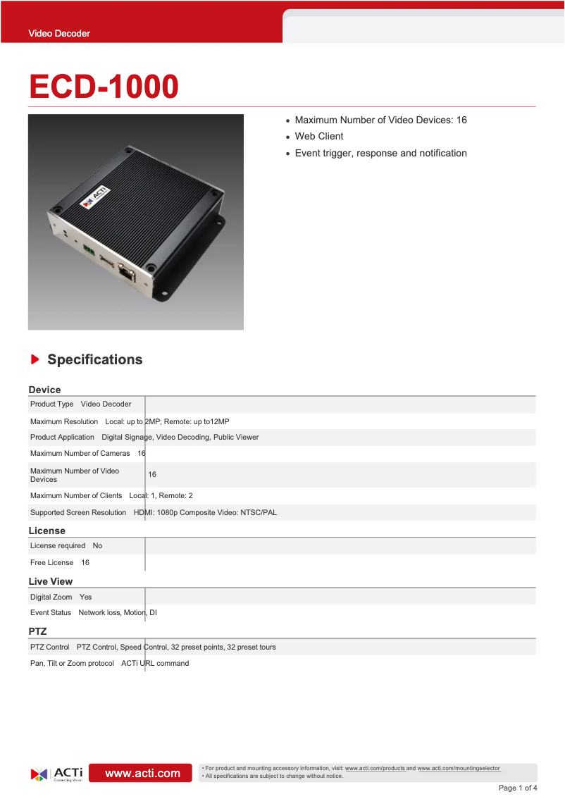 Page 1 of the manual Technical Sheet ACTi ECD-1000