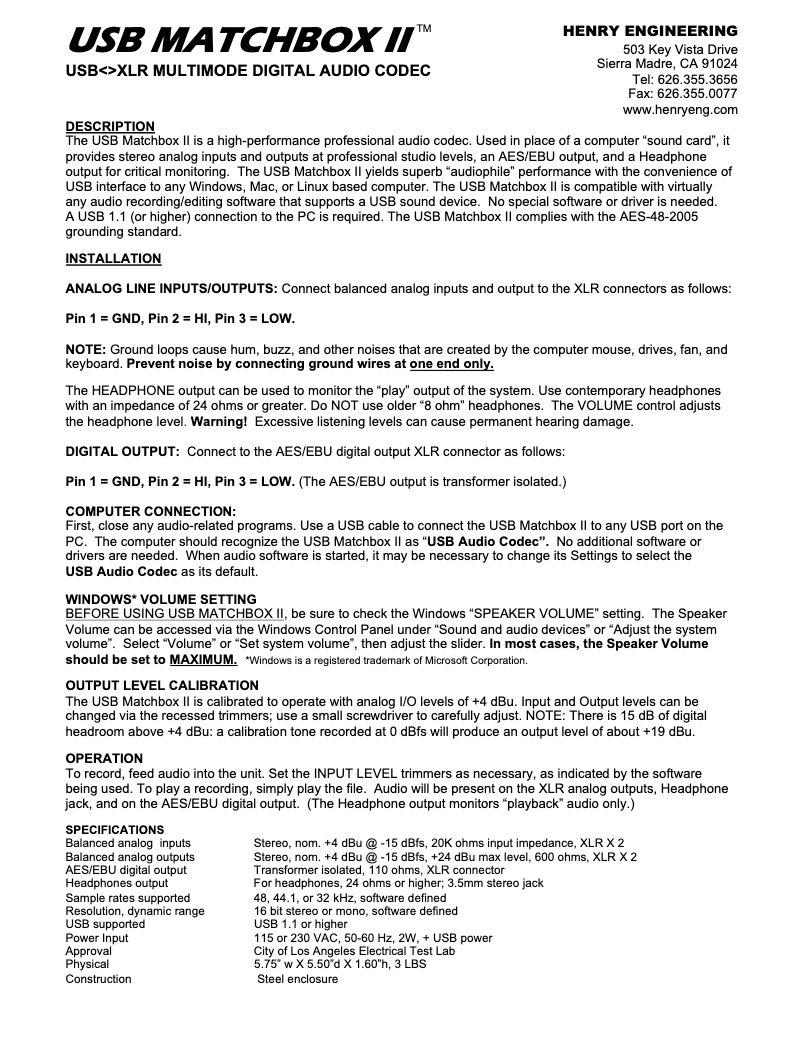 Page 1 of the manual User Manual Henry Engineering USB Matchbox II