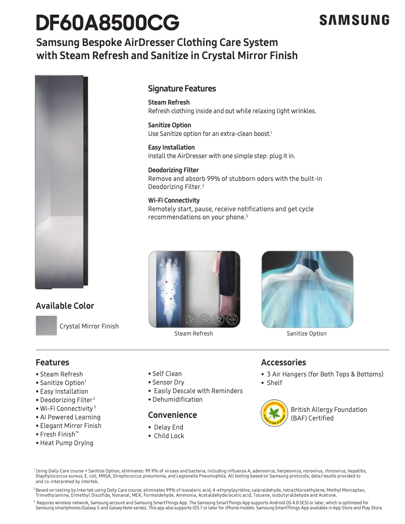 Page 1 of the manual Technical Sheet Samsung DF60A8500CG