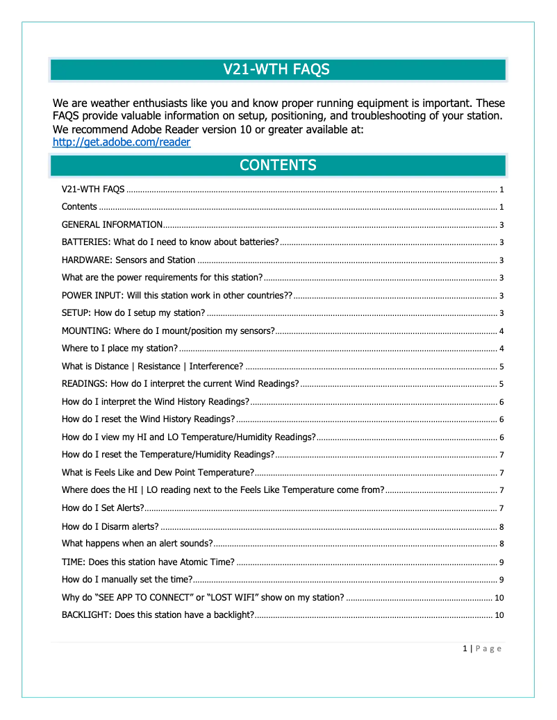 First page image of the manual for V21-WTH