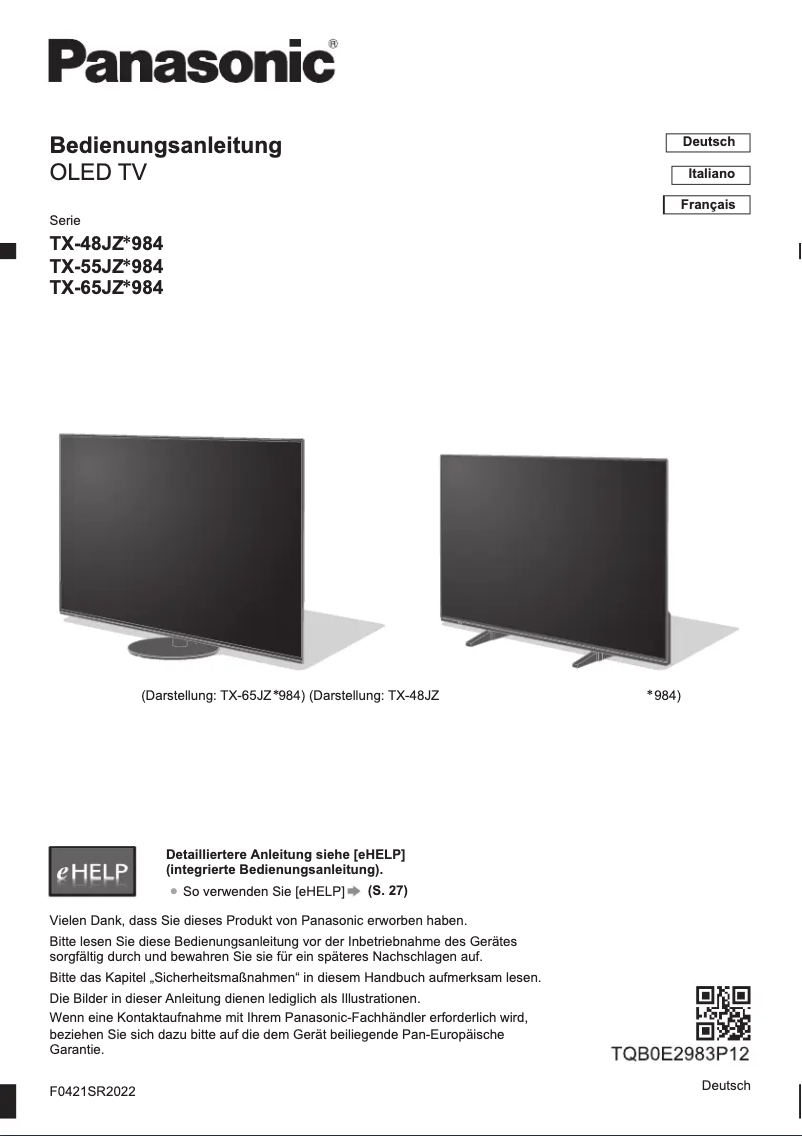 Page 1 of the manual Quick Start Guide Panasonic TX-65JZW984