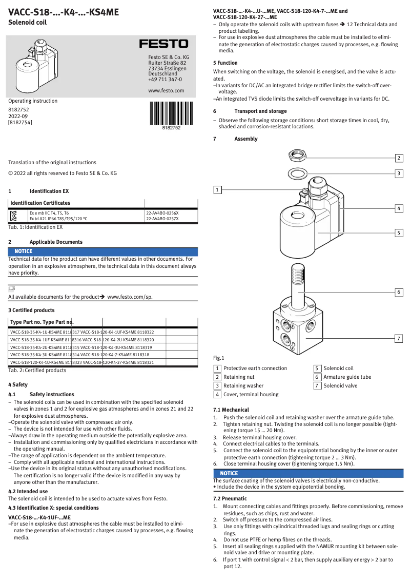 First page image of the manual for VACC-S18-35-K4-1UF-KS4ME