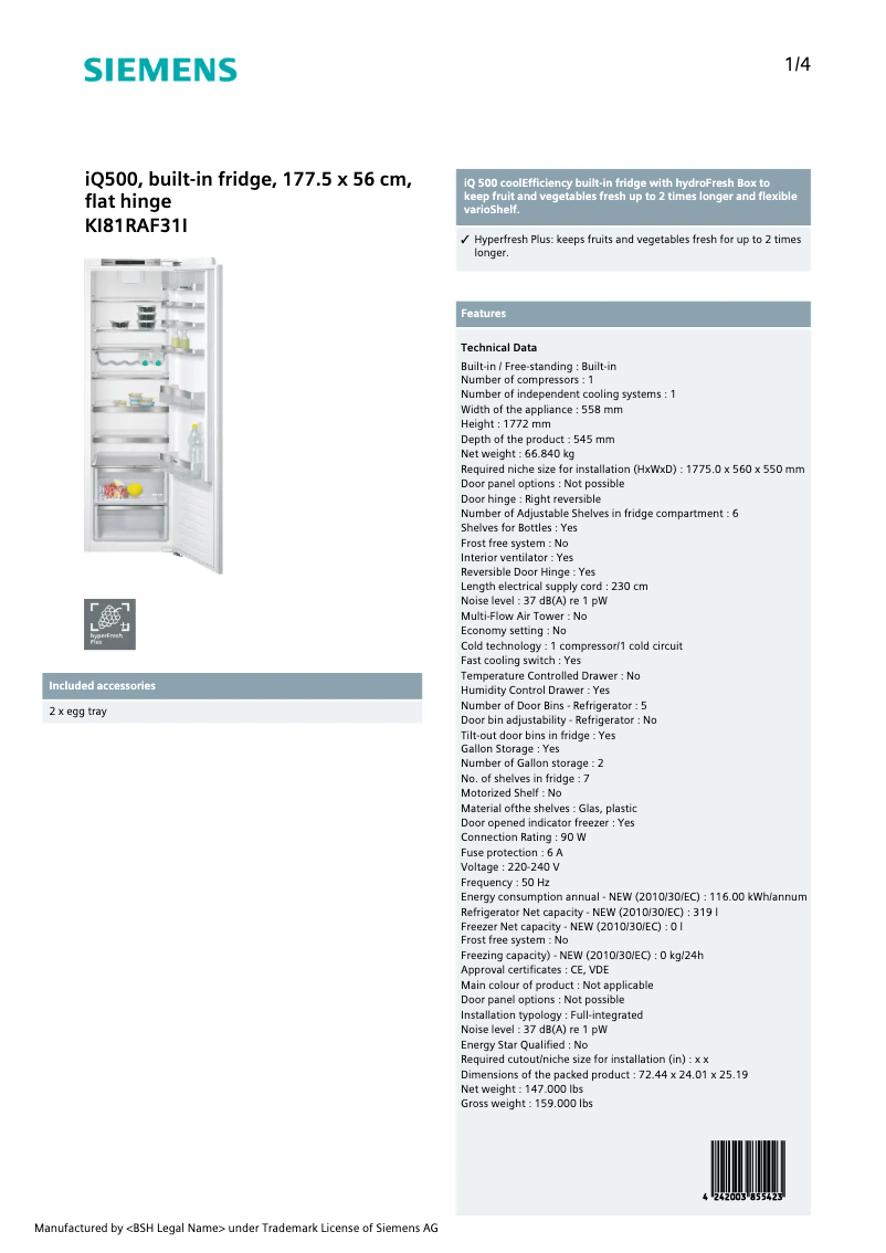 Page 1 of the manual Technical Sheet Siemens KI81RAF31I