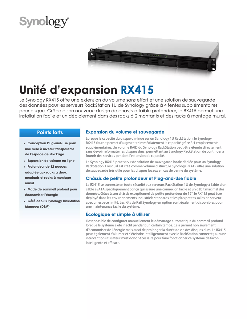 Page 1 of the manual Technical Sheet Synology RX415