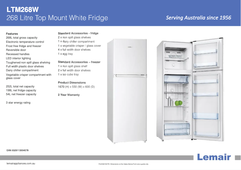Page 1 of the manual Technical Sheet Lemair LTM268W