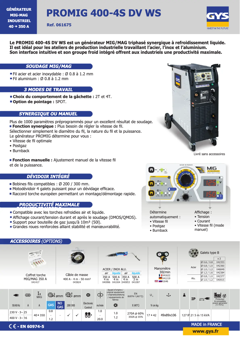 Page 1 de la notice Fiche technique GYS Promig 400 WS