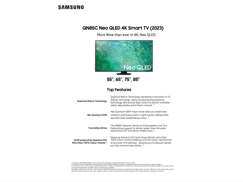 Page 1 of the manual Technical Sheet Samsung QA85QN85CAW