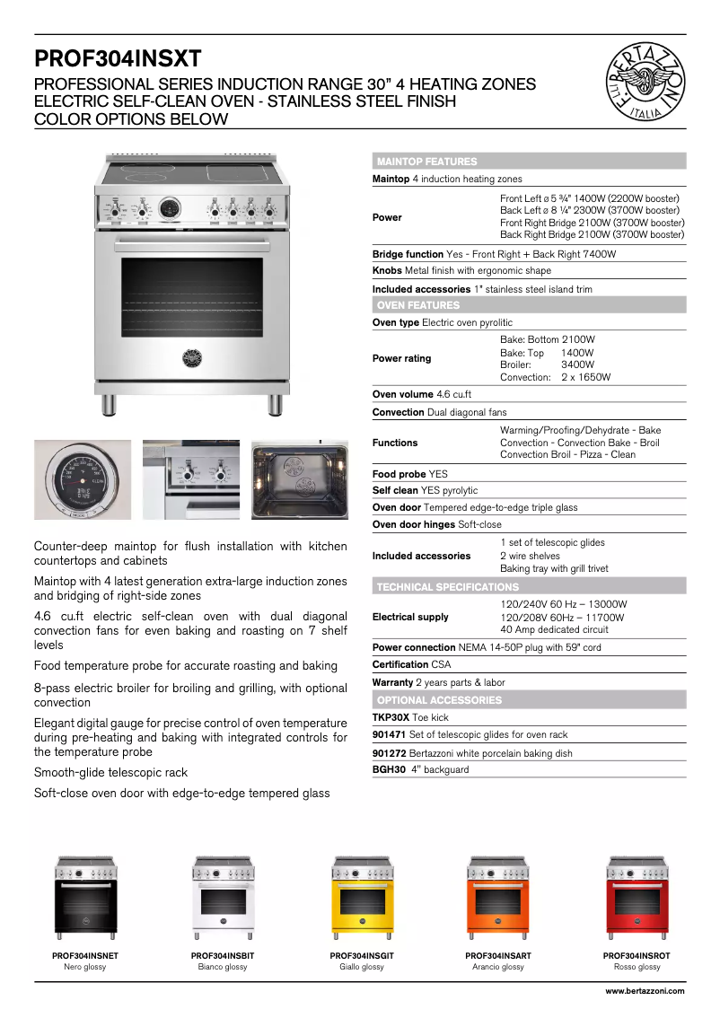 Page 1 of the manual Technical Sheet Bertazzoni Professional PROF304INSART