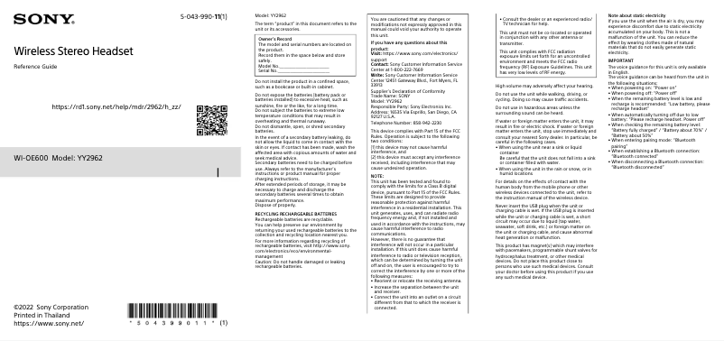 Page 1 of the manual User Manual Sony WI-OE600