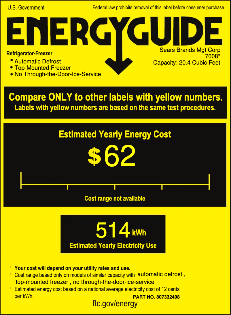 Page 1 of the manual Energy Label Kenmore 70087