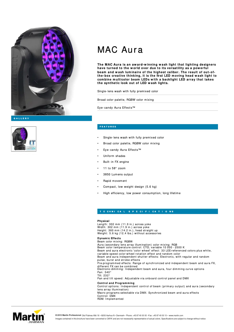Page 1 of the manual Technical Sheet Martin MAC Aura