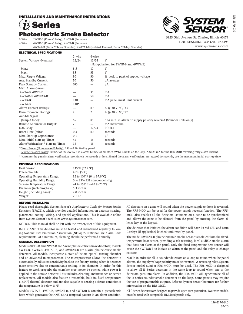 Page 1 of the manual User Manual System Sensor 2WTR-B