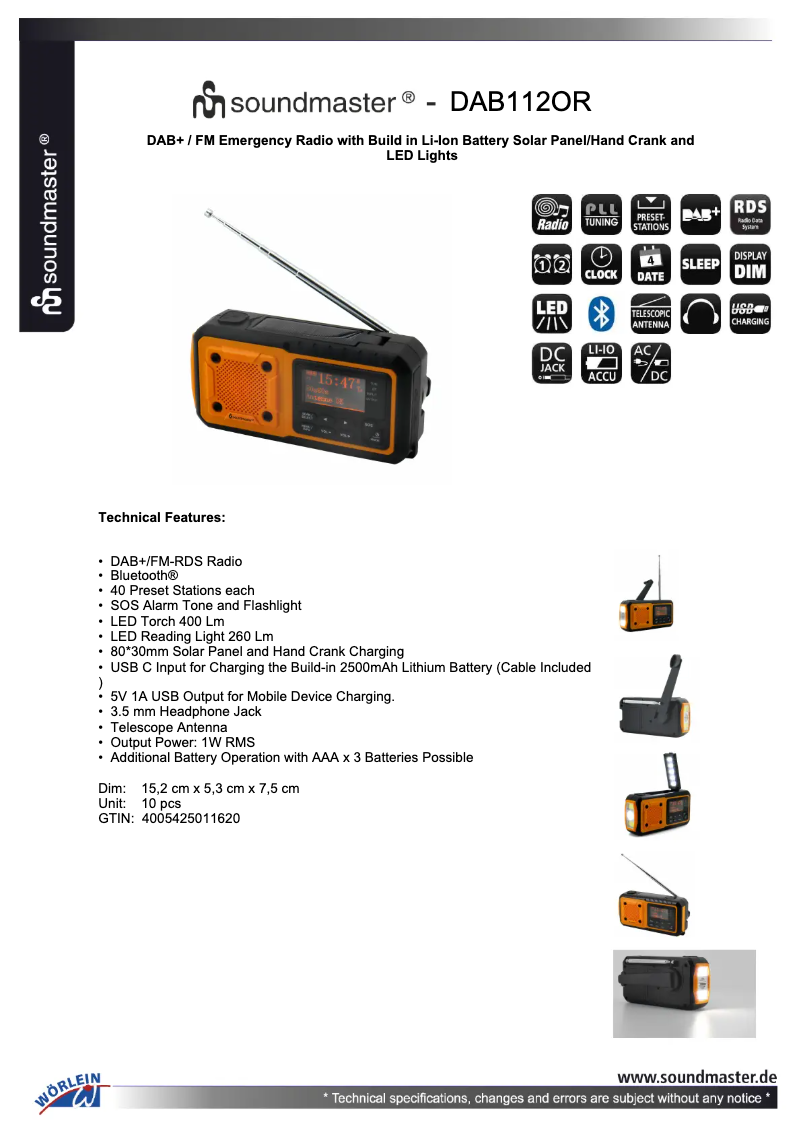 Page 1 of the manual Technical Sheet Soundmaster DAB112
