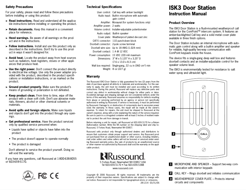 Page 1 of the manual User Manual Russound ISK3