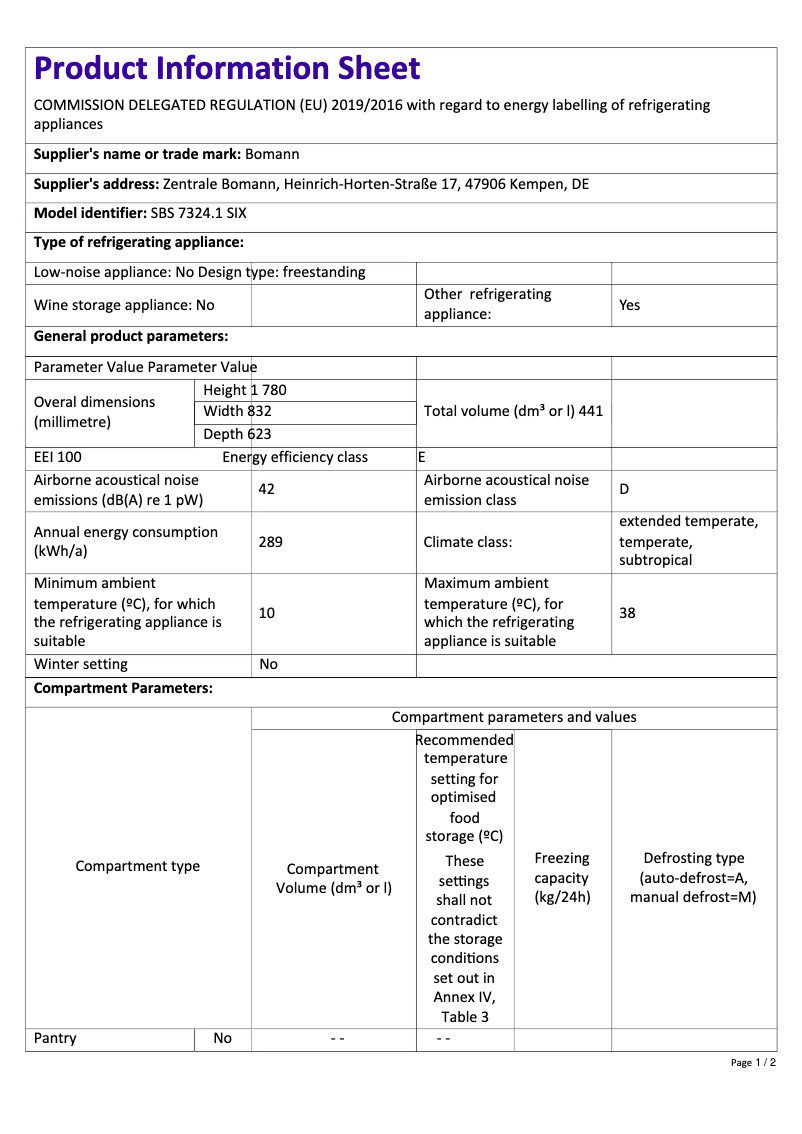 Page 1 of the manual Technical Sheet Bomann SBS 7324.1