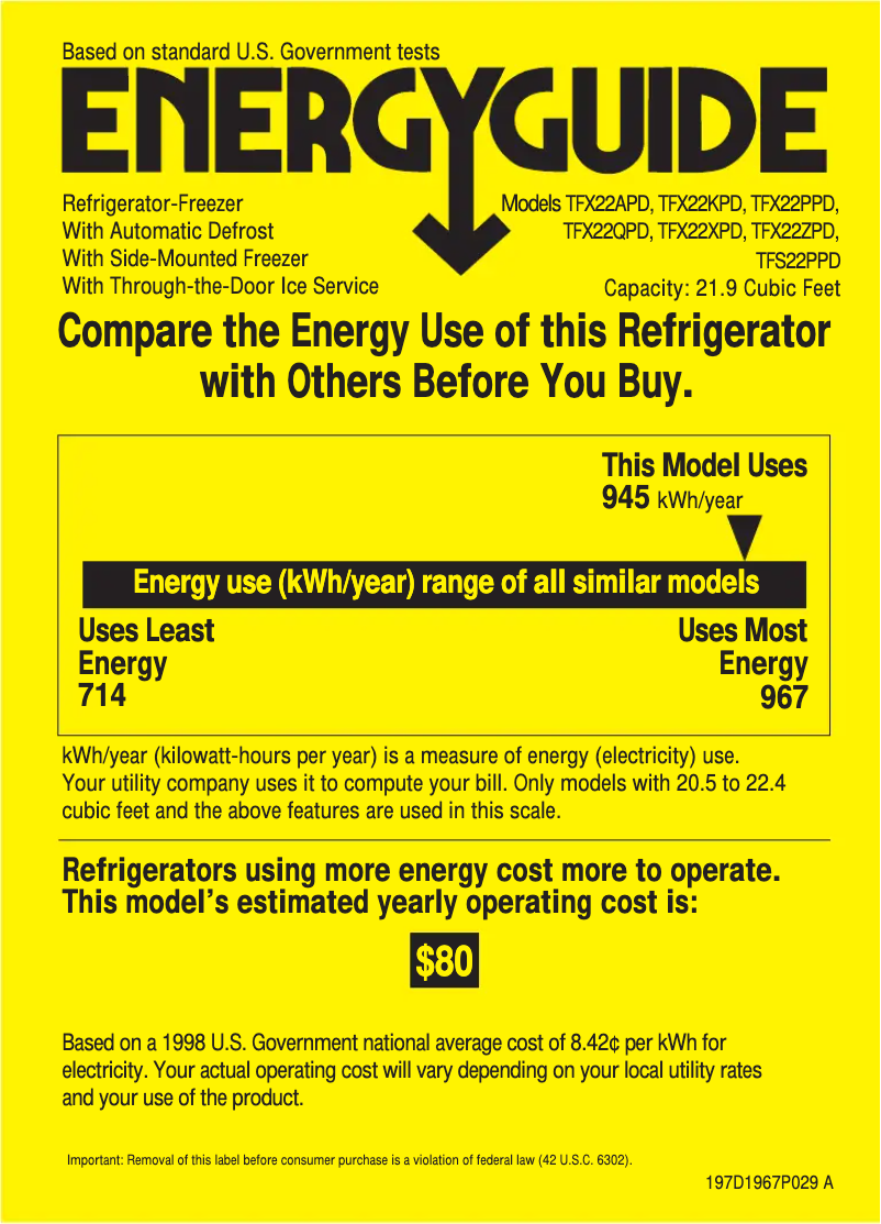 Page 1 of the manual Energy Label GE TFX22ZPDAA