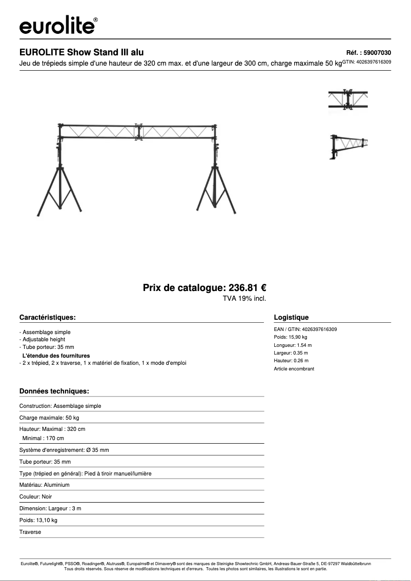 Page 1 of the manual Technical Sheet Eurolite Show Stand III