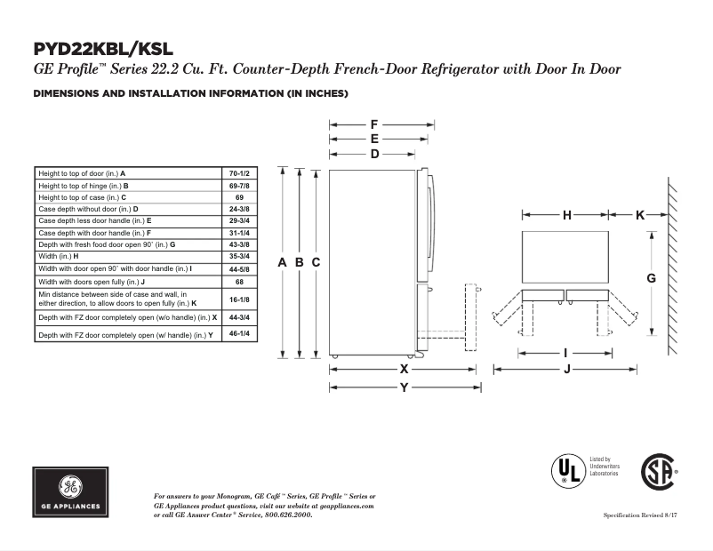 Page 1 of the manual Technical Sheet GE Profile PYD22KBLTS