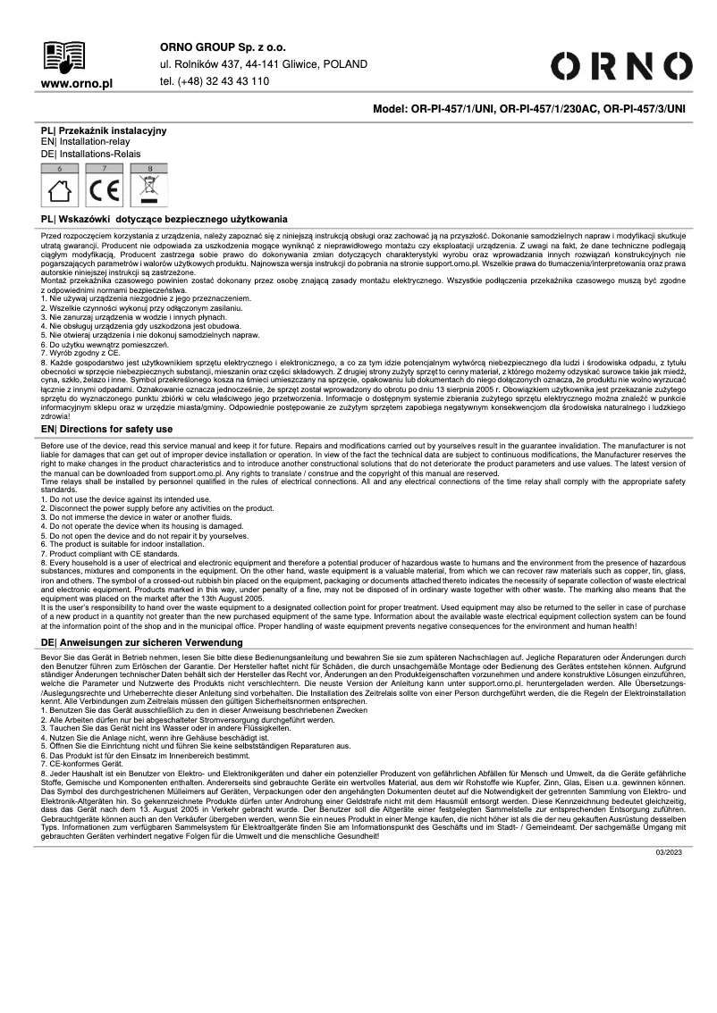 Page 1 of the manual User Manual ORNO OR-PI-457