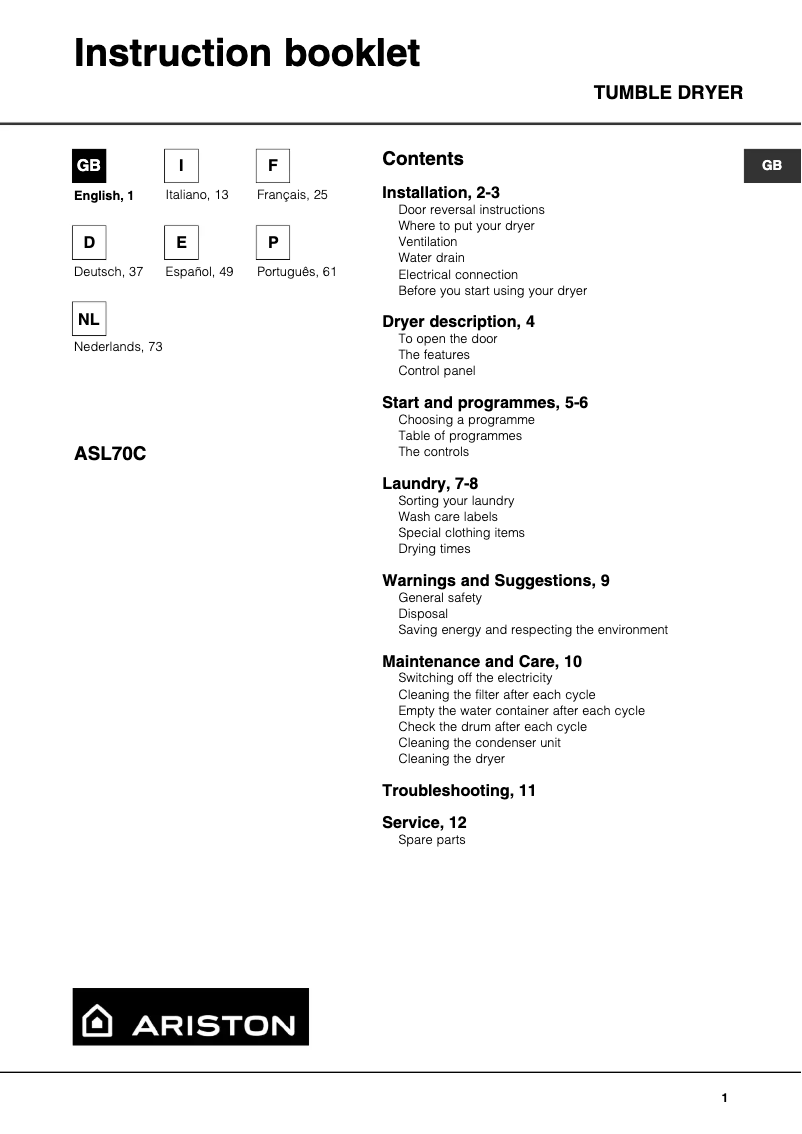 First page image of the manual for ASL70C