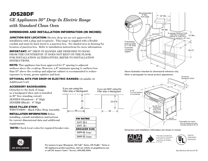 Page 1 of the manual Technical Sheet GE JDS28DFWW