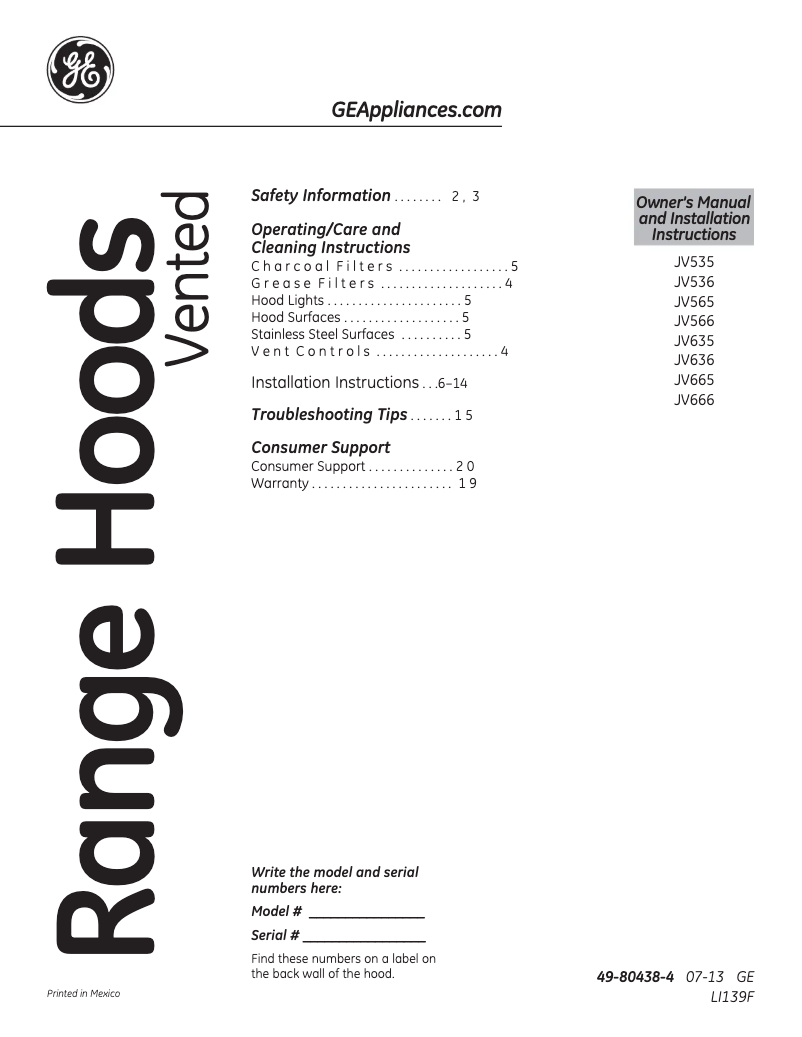 First page image of the manual for JV565HWW