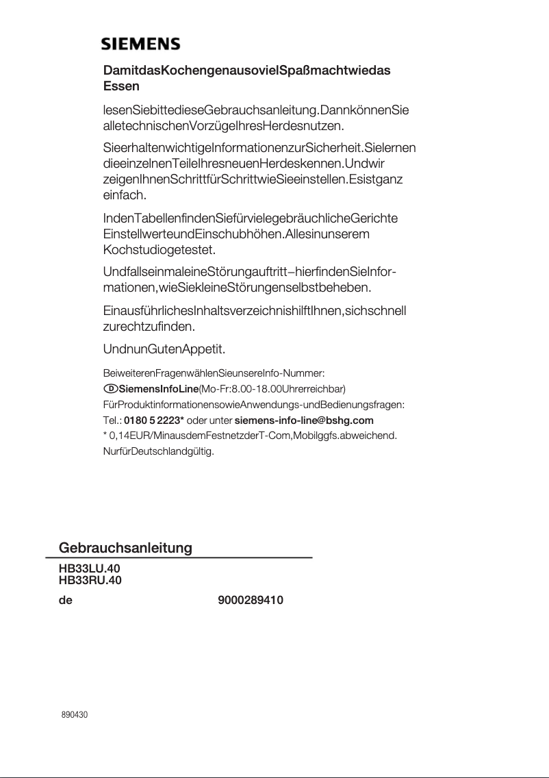 Page 1 of the manual Instruction Manual Siemens HB33RU540