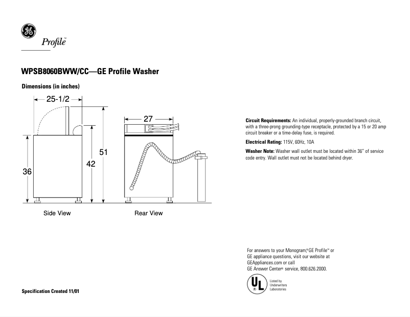 Page 1 of the manual Technical Sheet GE Profile WPSB8060BCC