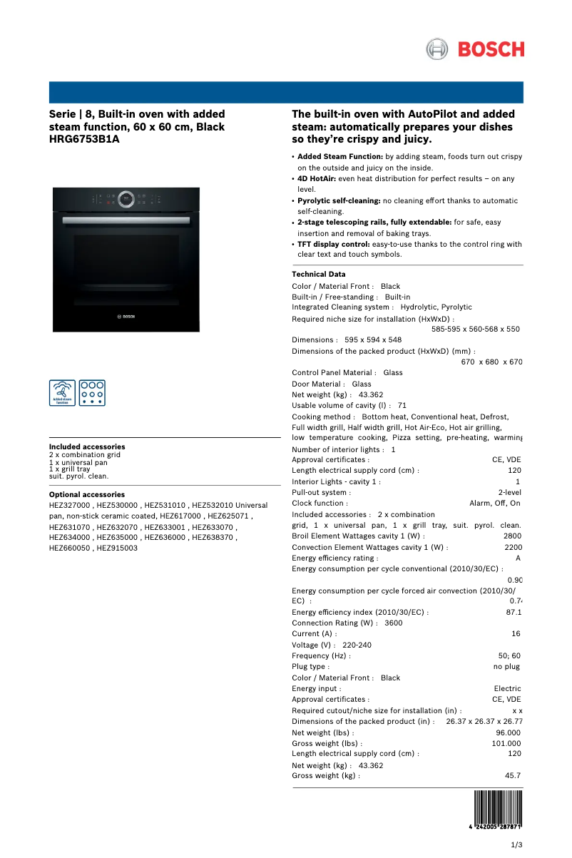Page 1 of the manual Technical Sheet Bosch Serie 8 HRG6753B1A