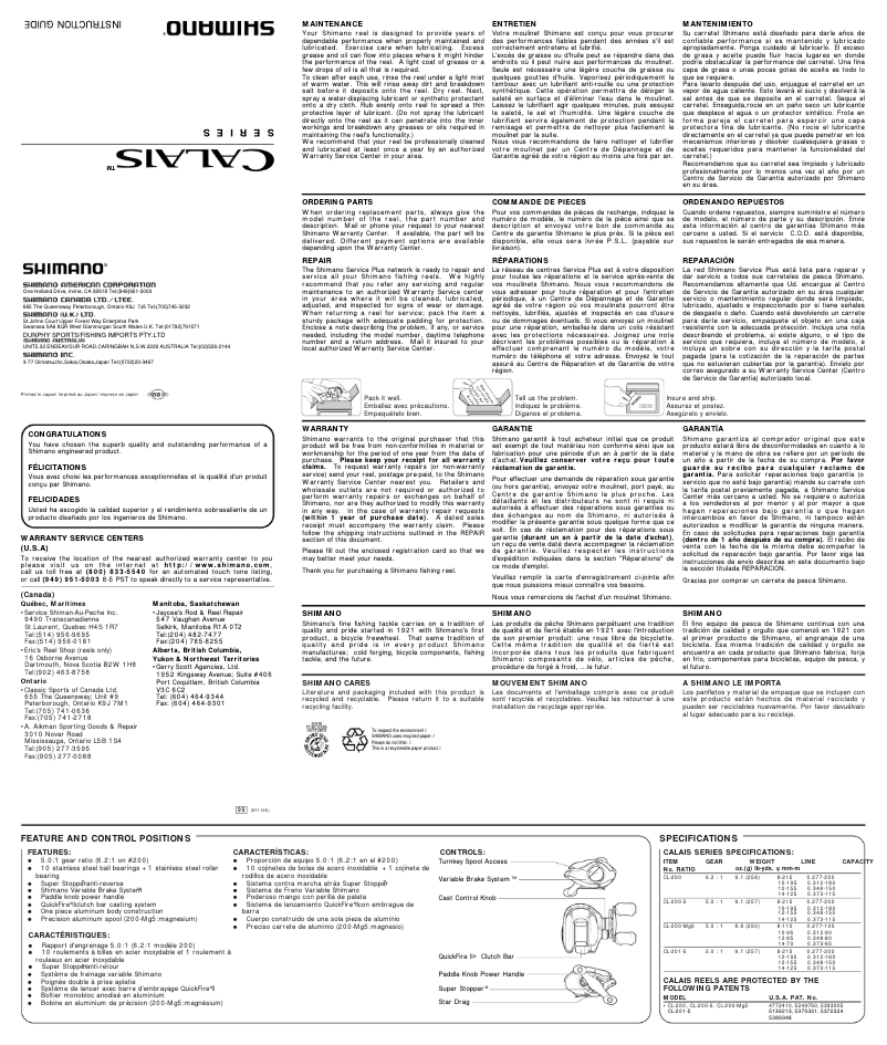 Page 1 of the manual User Manual Shimano Calais 200-5