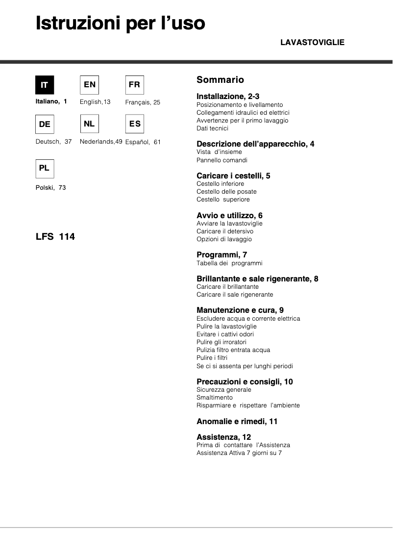 Page 1 of the manual User Manual Hotpoint Ariston LFS 114 IX/HA
