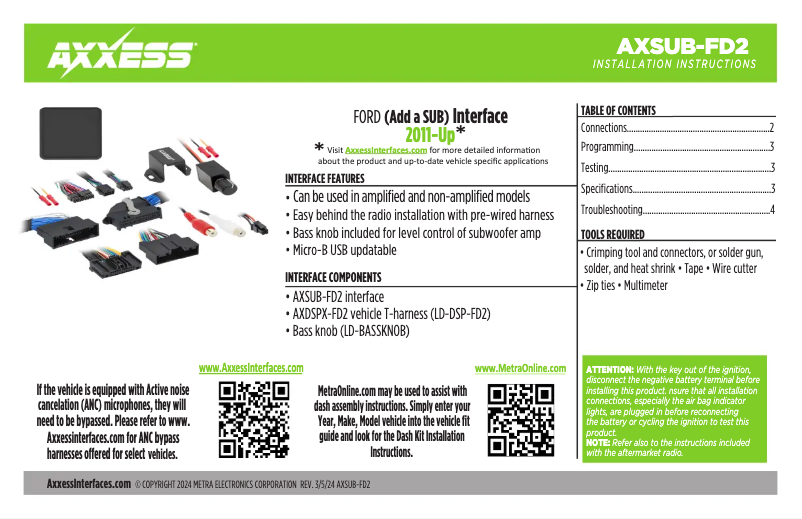 First page image of the manual for AXSUB-FD2