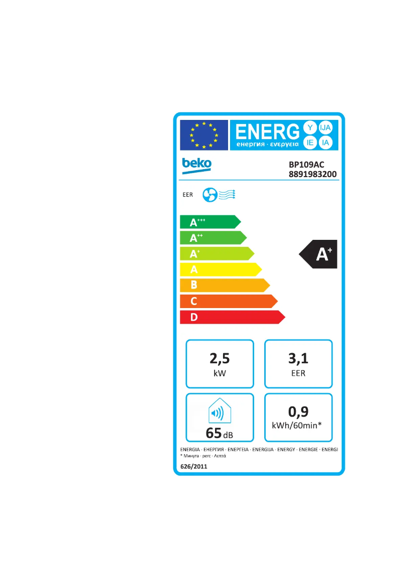 Page 1 of the manual Energy Label Beko BP109AC