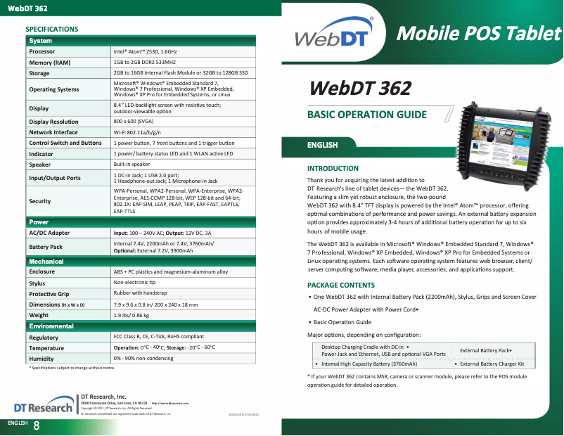 Page 1 of the manual User Manual DT Research WebDT 362