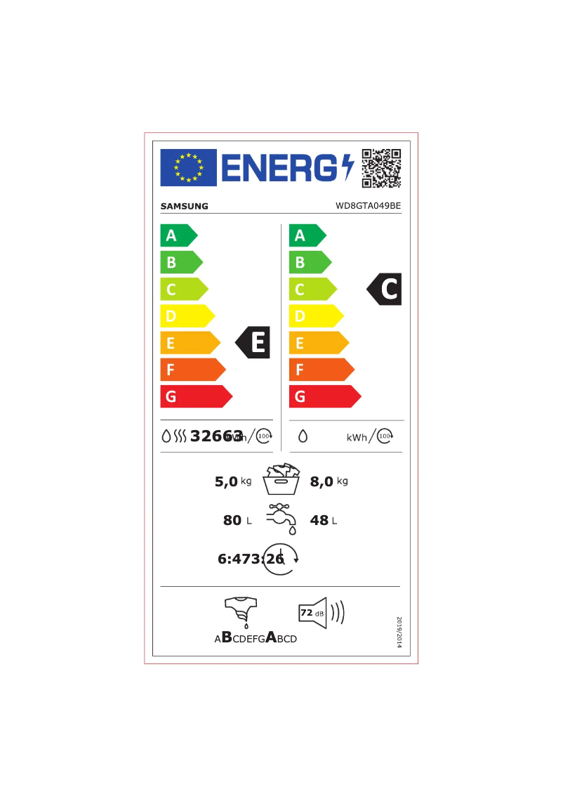 Page 1 of the manual Energy Label Samsung WD8GTA049BE
