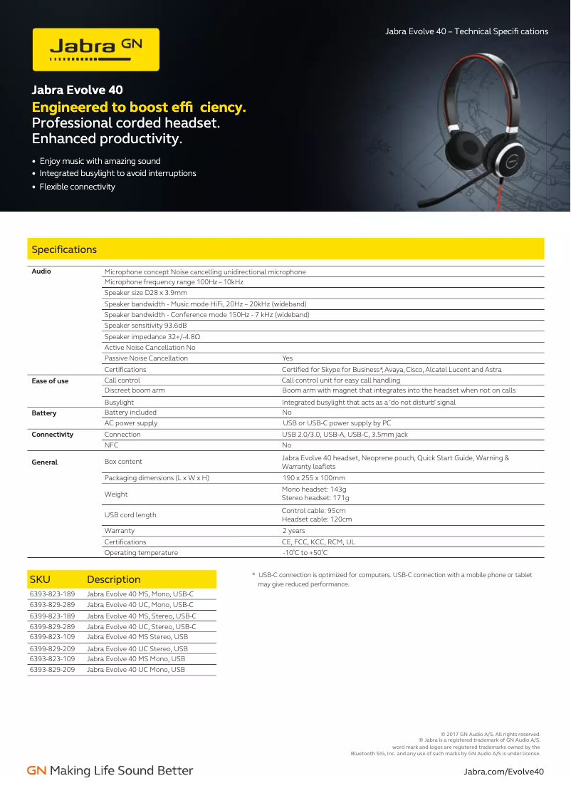 Page 1 of the manual Technical Sheet Jabra Evolve 40